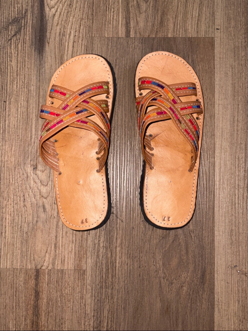 NEW HANDMADE Tan Leather Slide Sandals with Multicolor Accent Straps